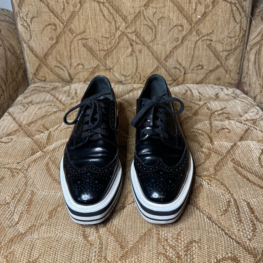 Prada Black Leather Wingtip Platform Brogues black FEMALE Platforms‎ EU 38